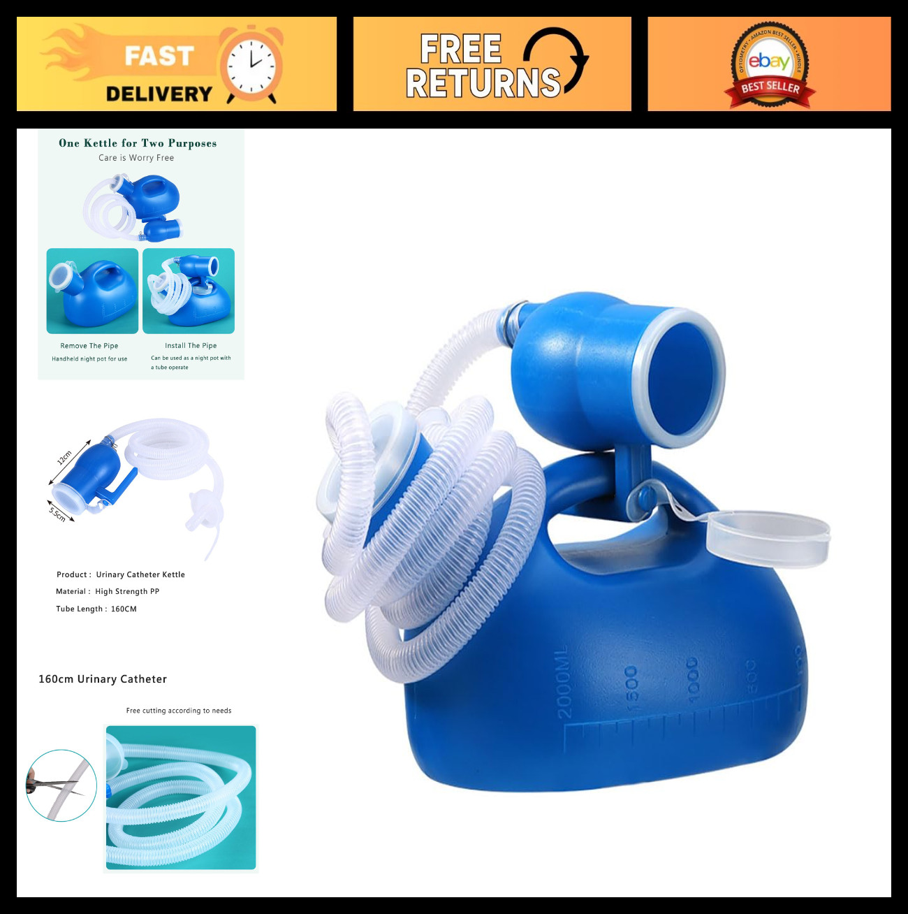 Portable Male Urinal Bottle 68 OZ with 59" Long Hose & Lid - Travel Friendly