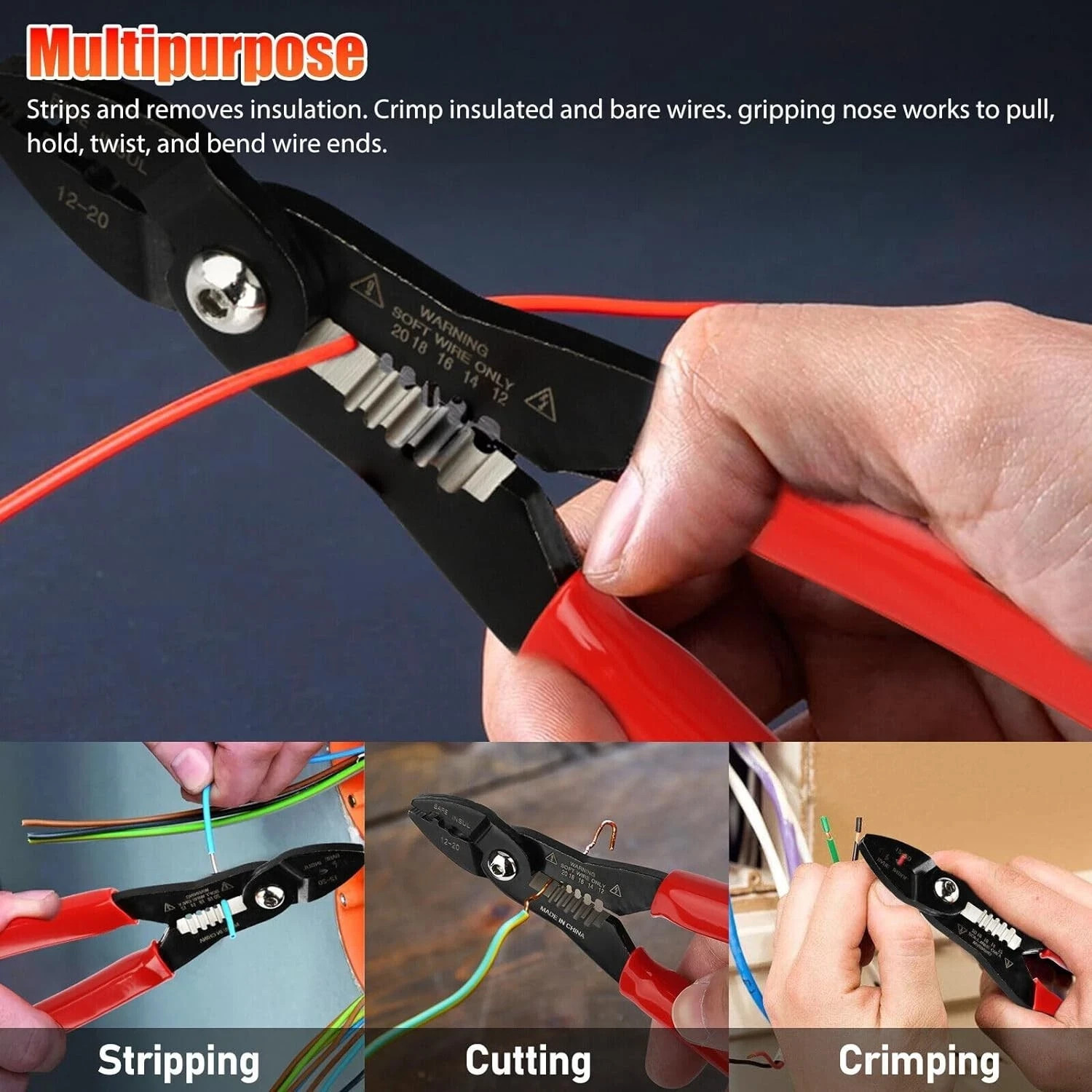 6.9" Multi-Function Wire Stripper Cutter Crimping Pliers 12-20 AWG Electrical To