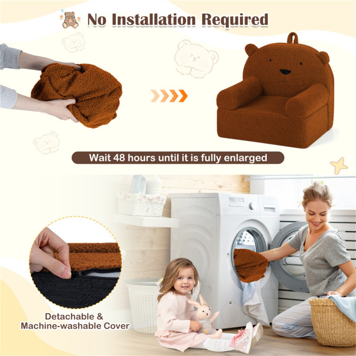 Bear-Shaped Kids Sofa, Teddy Fleece Foam Chair for Toddlers 3+, Portable Couch