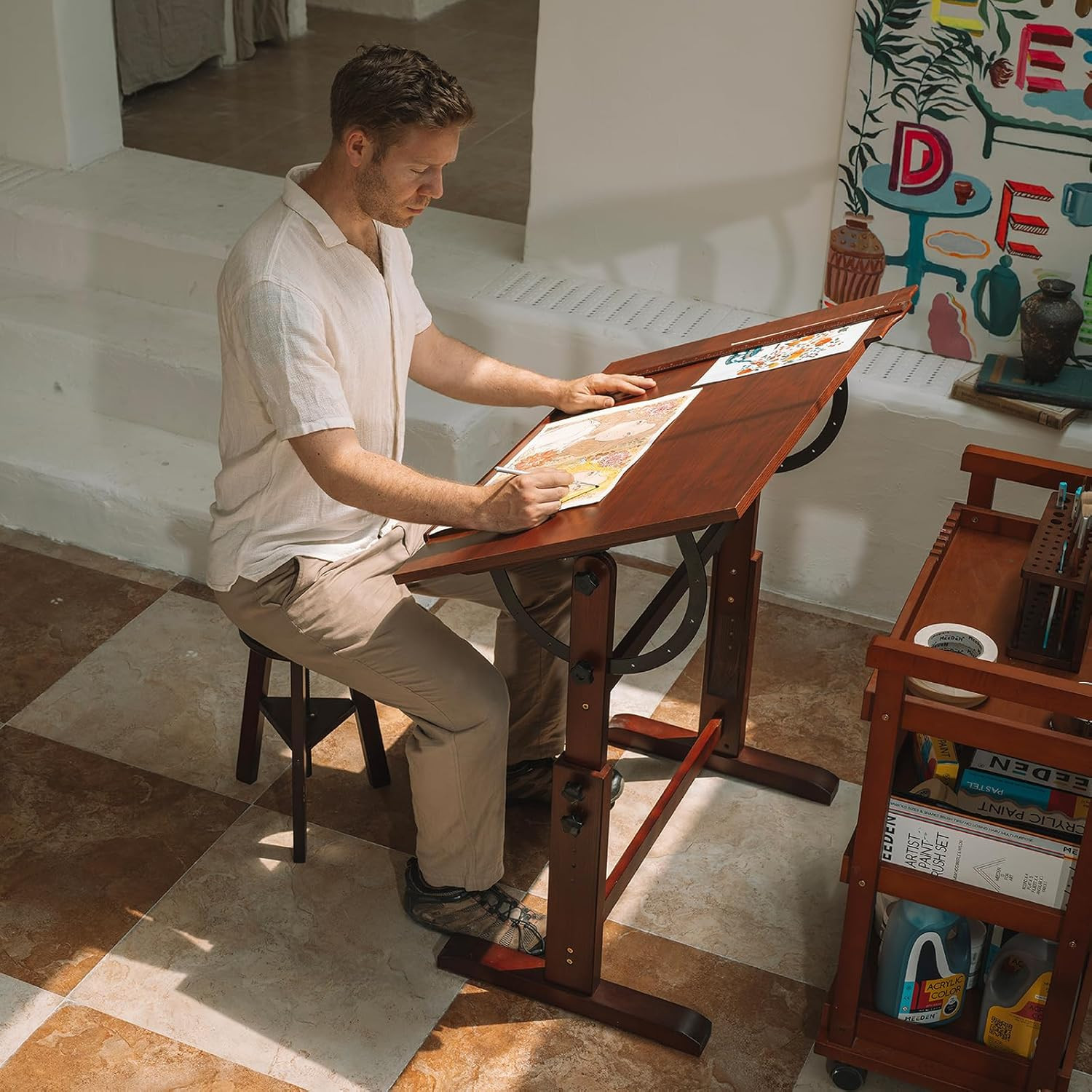 MEEDEN Wood Drafting Table,Artist Drawing Table with Height Adjustable Walnut