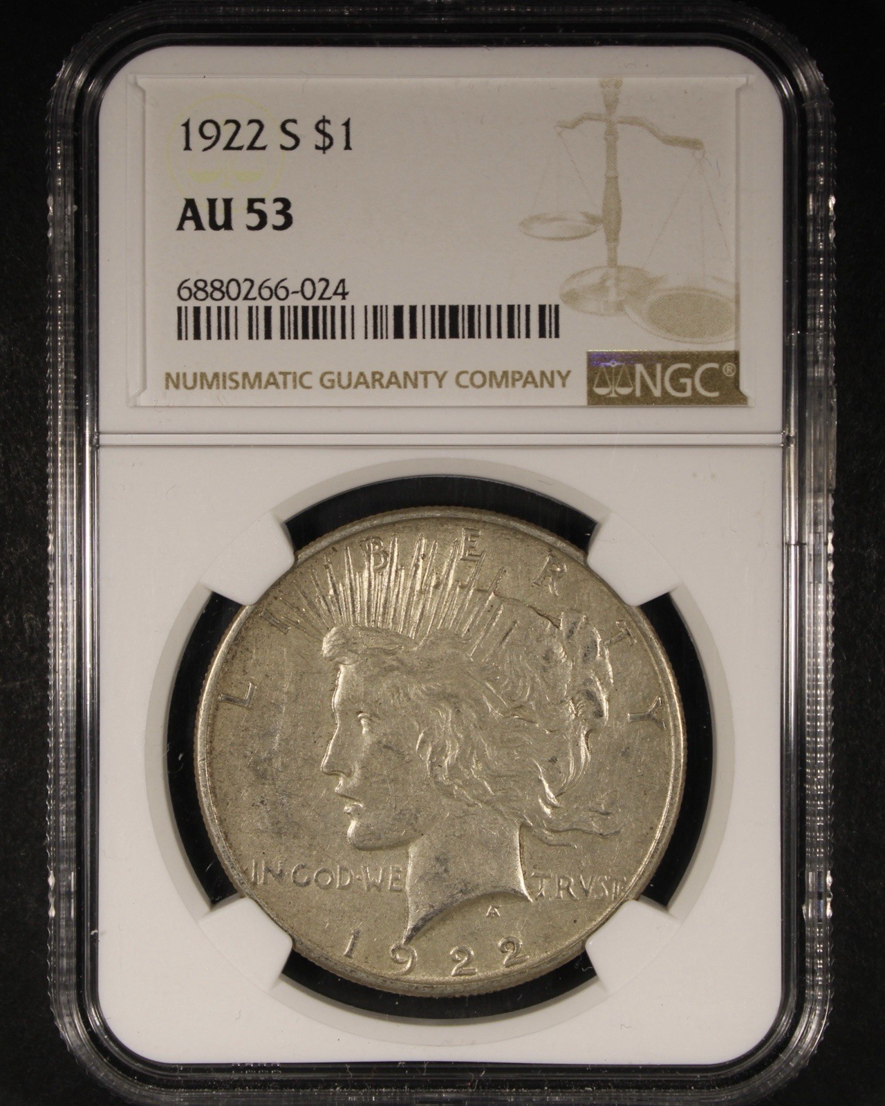 1922-S Peace Dollar - $1 NGC AU53 - Affordable Example!