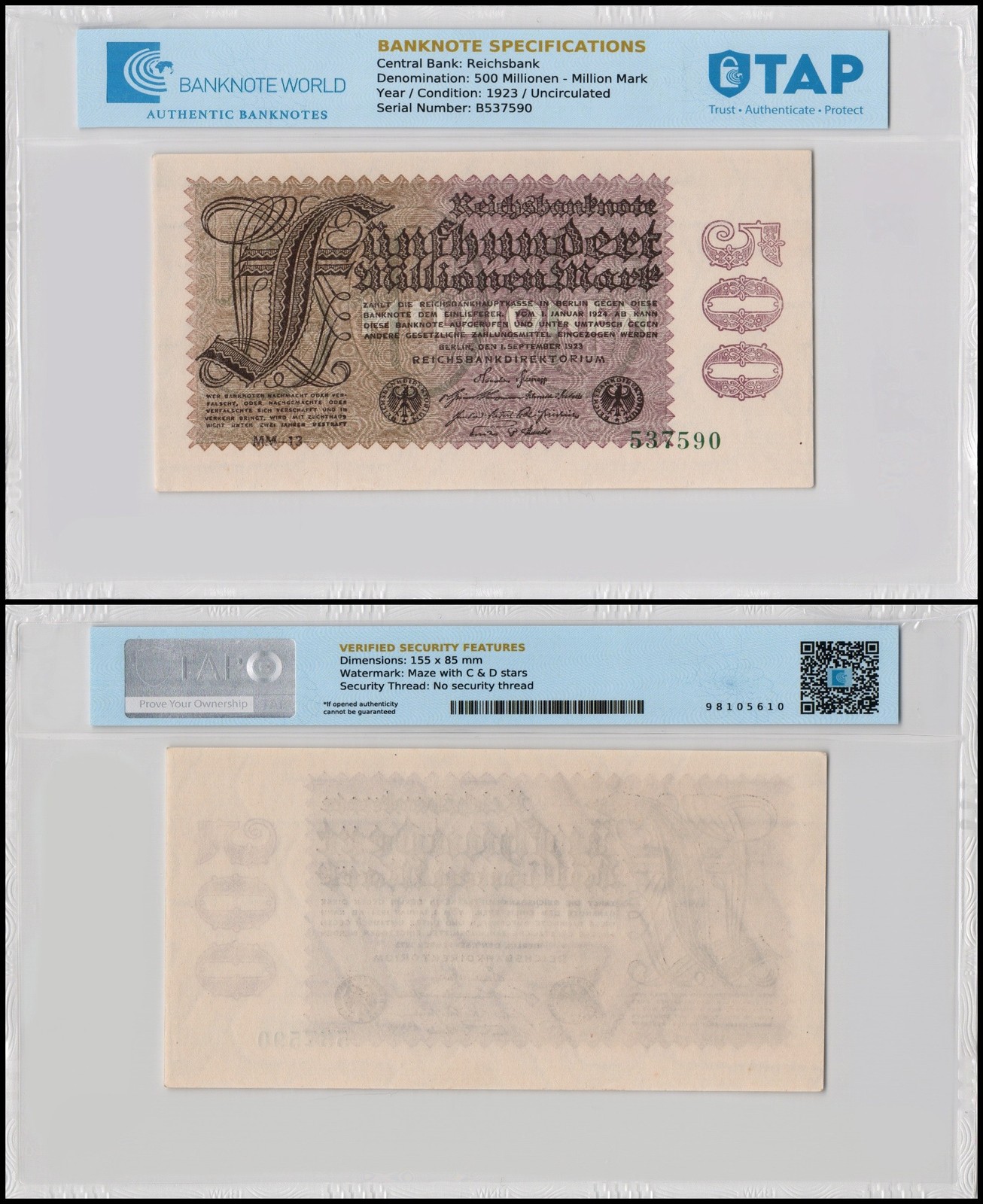 Germany 500 Millionen - Million, 1923, P-110d.1, UNC, TAP Authenticated