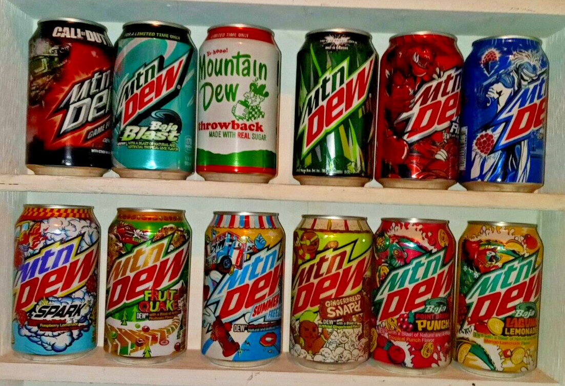 EMPTY ~ Lot of 12 Different (Mountain) MTN DEW CANS ~ (my id #59) Call of Duty