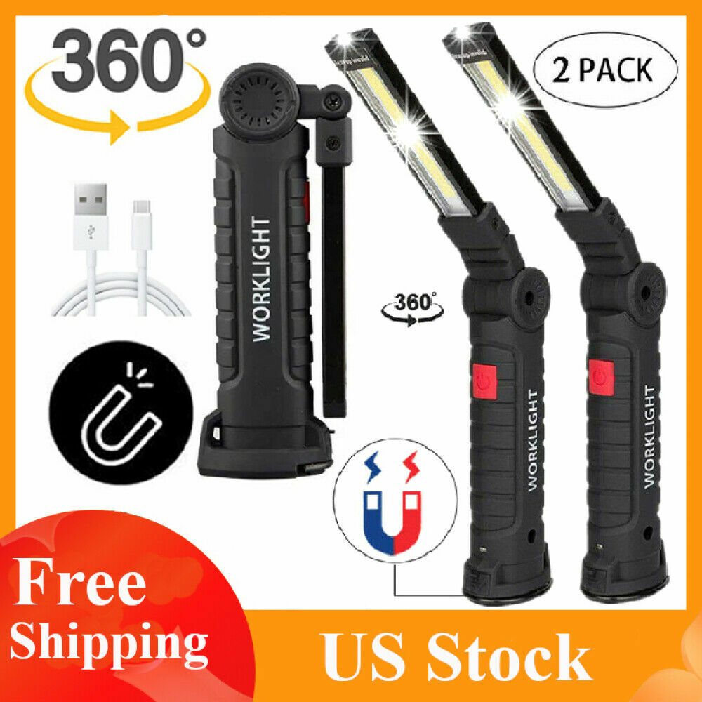 2Sets USB Rechargeable COB LED Work Light Lamp Inspect Folding Torch Flashlight
