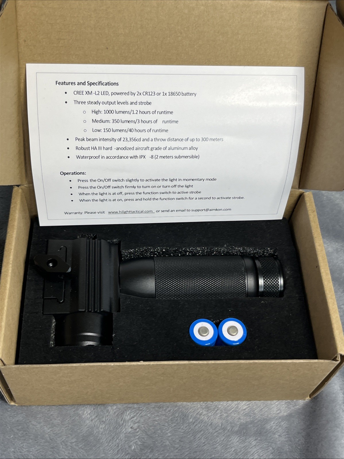 Hilight Tactical Light 1000 Lumens High Medium Low Waterproof Flashlight