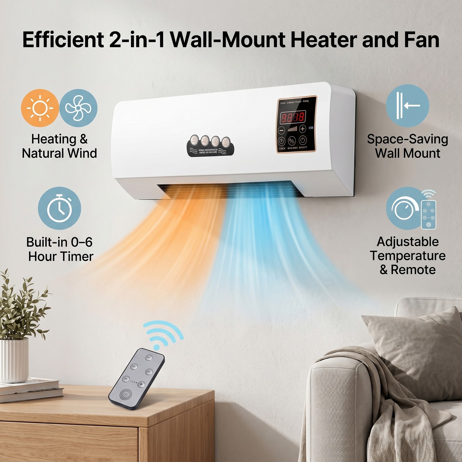 1000W Heater Fan 2-in-1 Space Heater Hot Air Fan Heating Nature Wind for Home