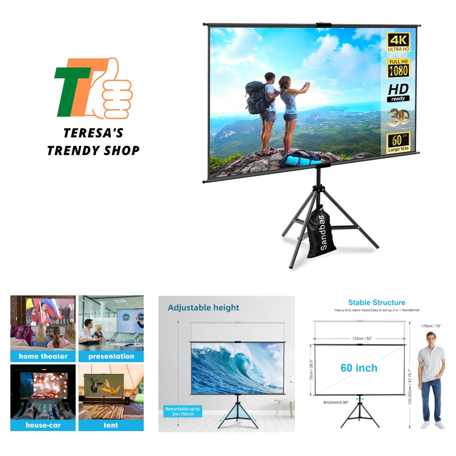 60-Inch Portable Projector Screen with Tripod - Perfect for Home & Camping