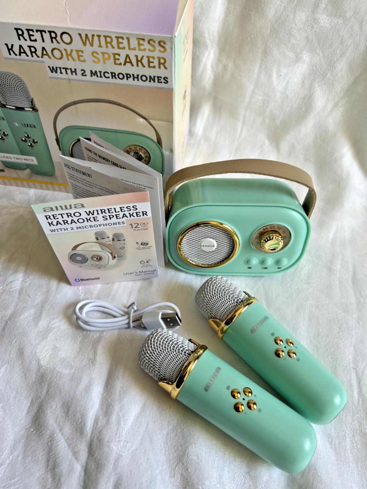 AIWA Retro Wireless Bluetooth Karaoke Speaker & Two Microphones Aqua Blue Gold