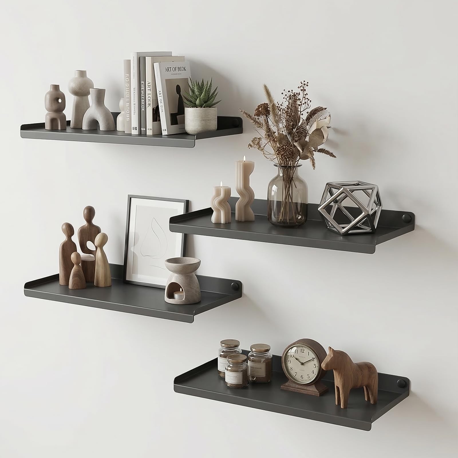 16X8 Inch Metal Wall Shelf Set of 4, Metal Wall Mounted Floating Shelves, Bat...
