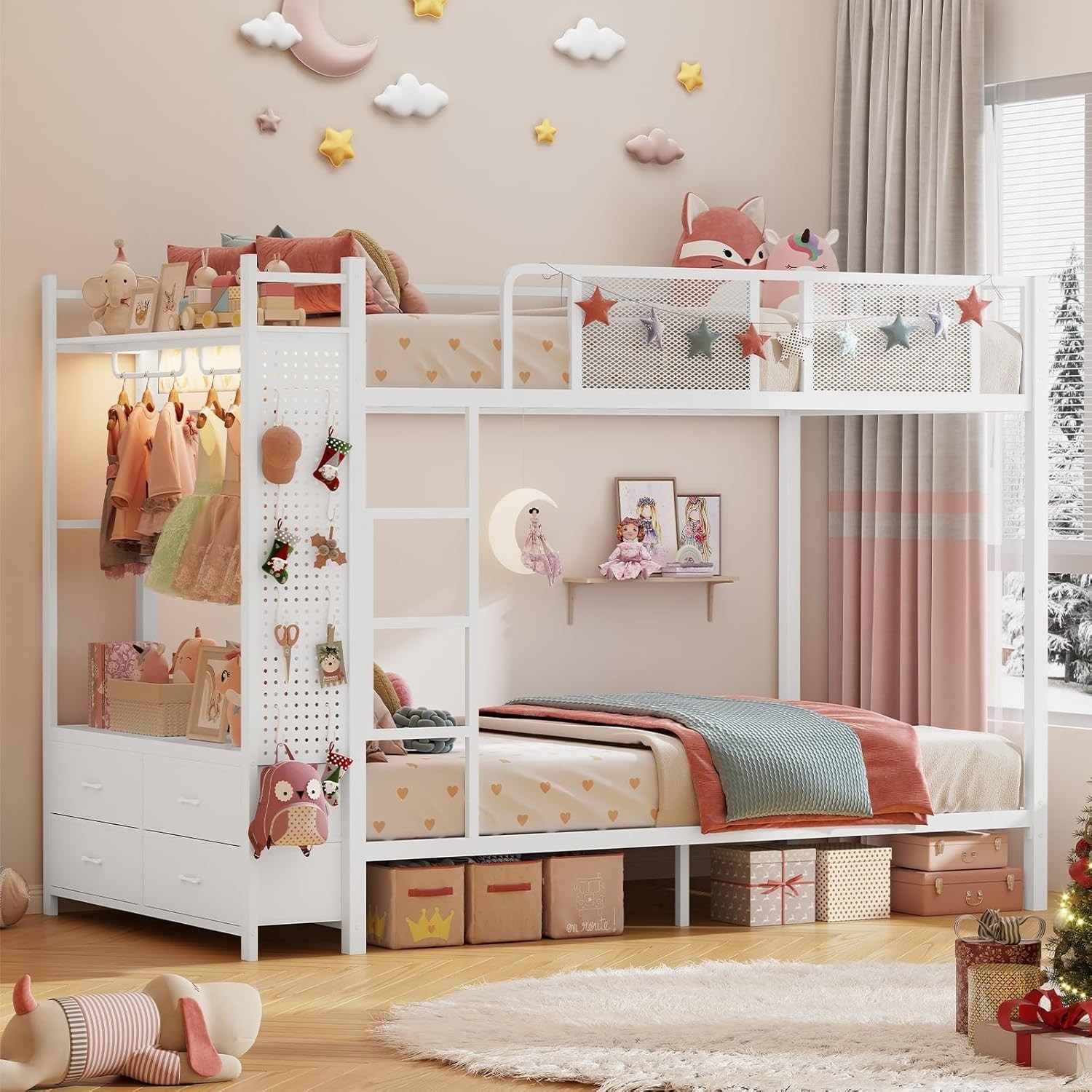 Metal Bunk Bed Twin Over Twin with Hall Tree, 4 Storage Drawers and LED Lights