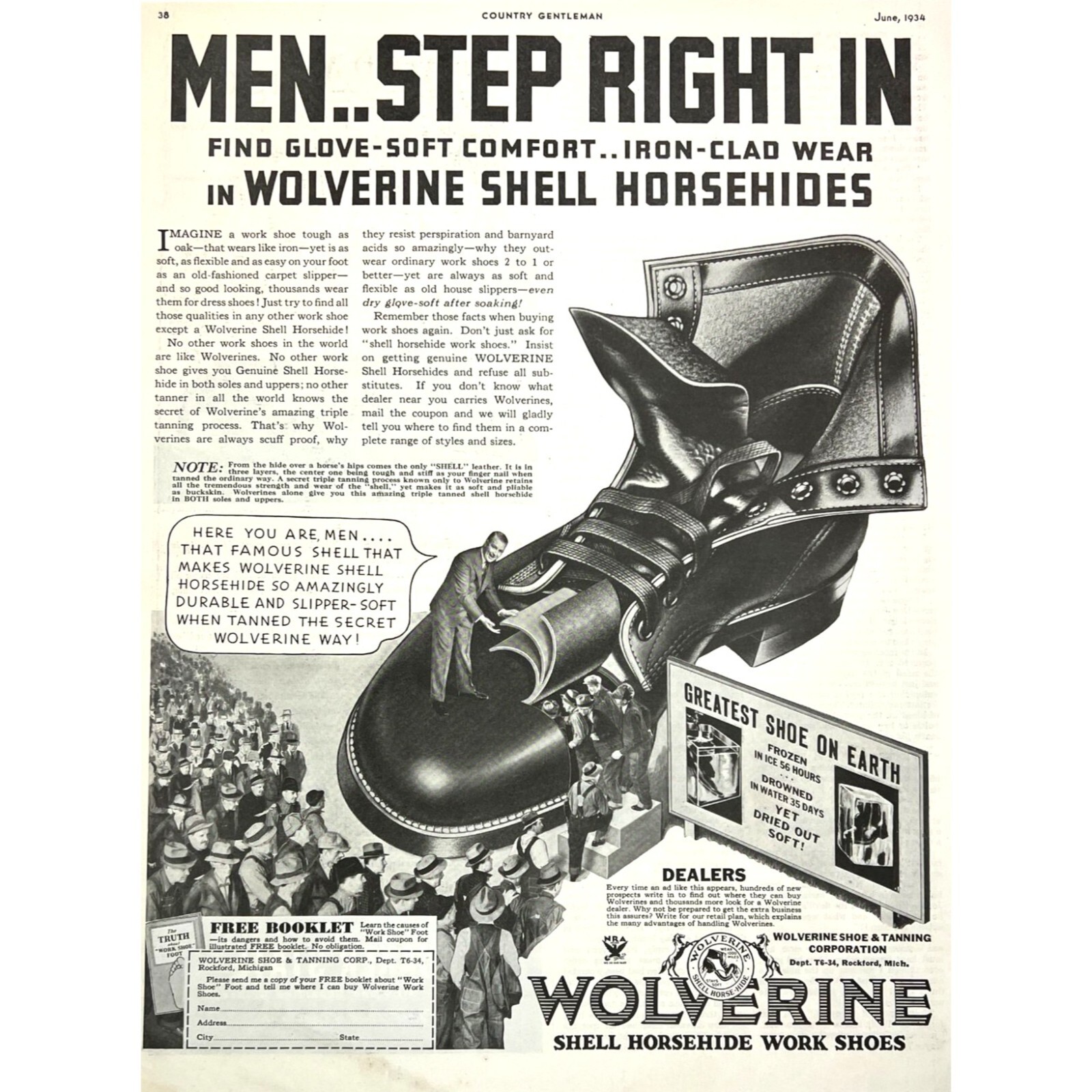 1934 Wolverine Shell Horsehide Work Shoes Original Full-Page B&W Print Ad