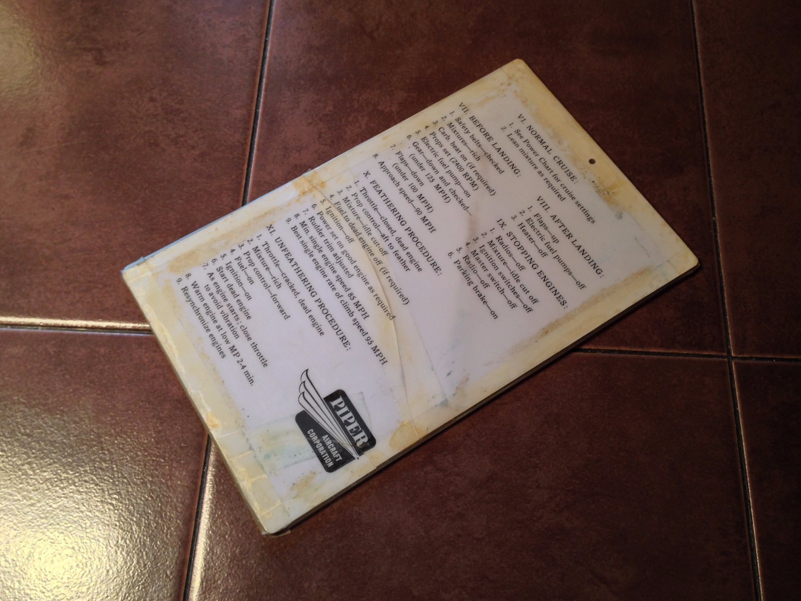 Original Piper Apache PA-23 Check List
