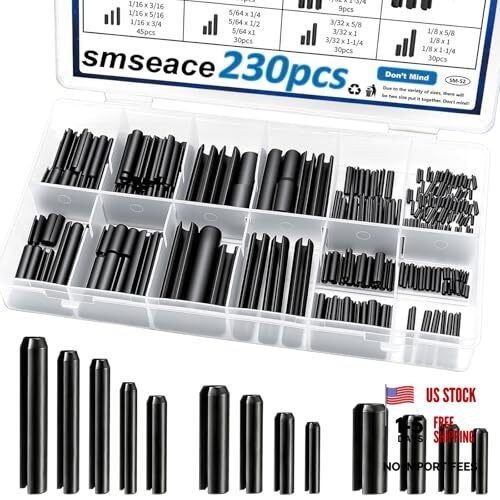 230Pcs Roll Pin Set SAE 1/16 5/64 3/32 1/8 5/32 3/16 7/32 1/4 5/16 3/8 Inch