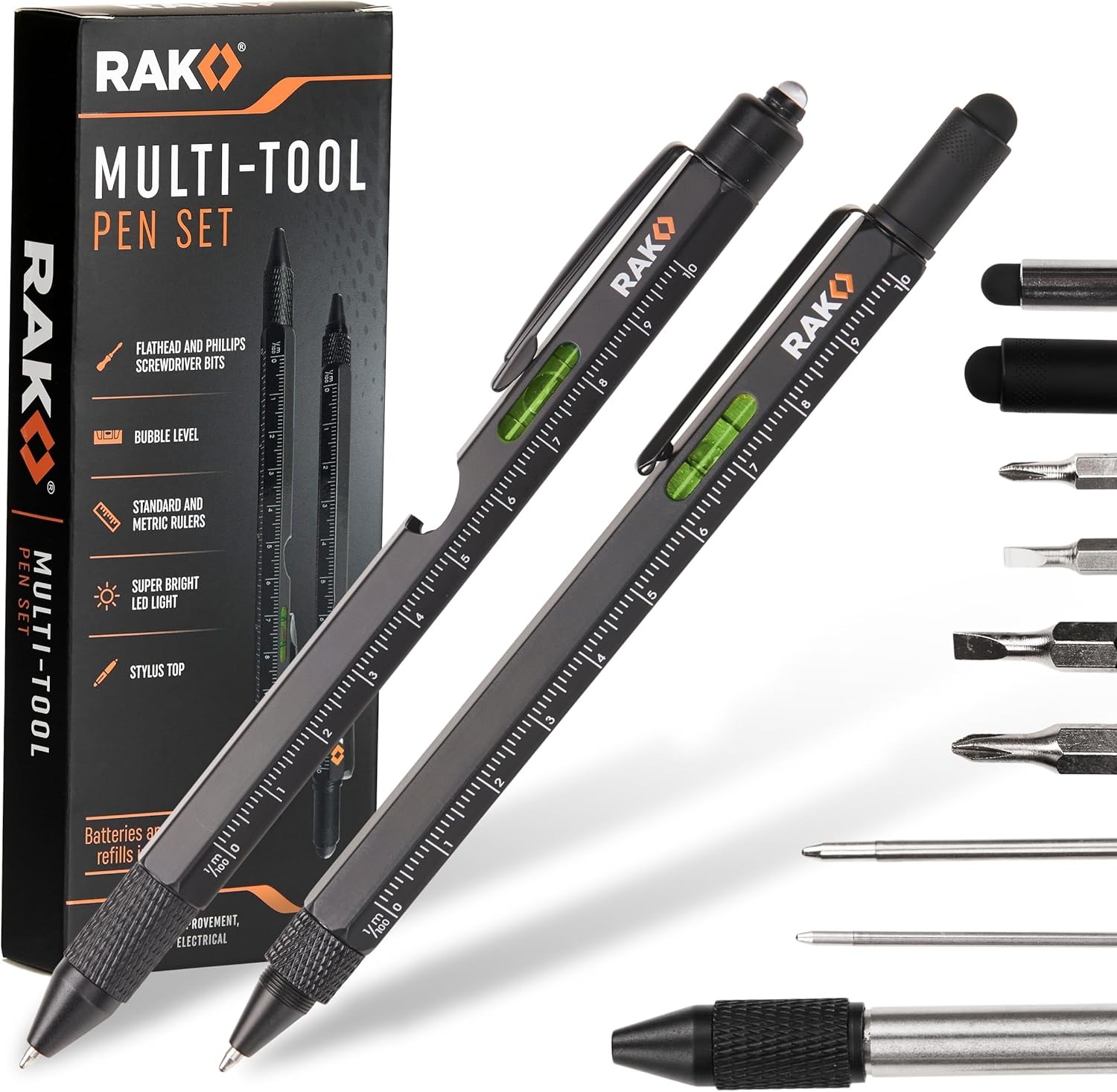 RAK Multitool Pen 2 Pack, LED Light Screwdrivers Bottle Opener Gift for Men