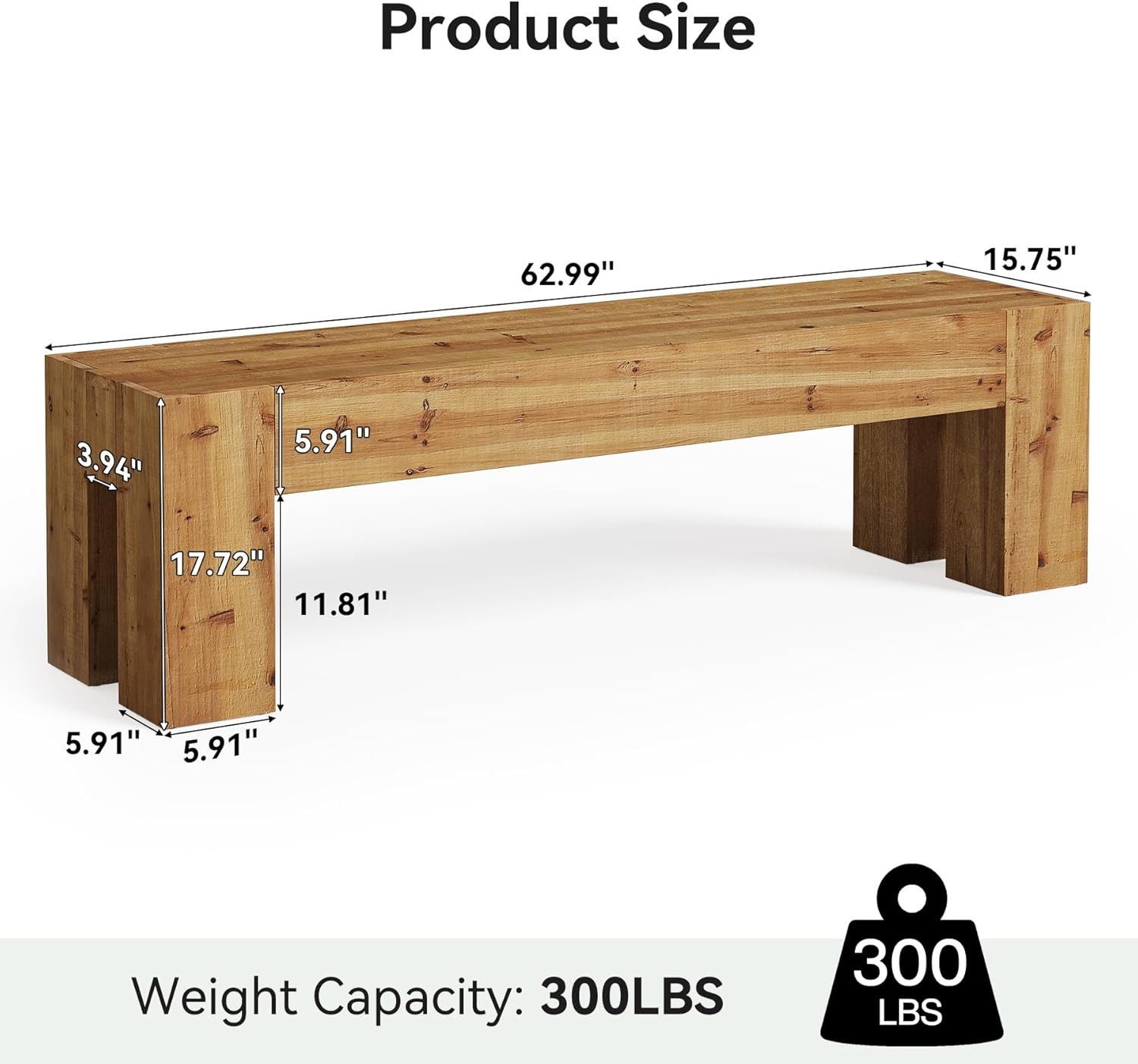 63-Inch Solid Wood Bench, Rustic Extra Long Entryway Bench with Heavy Duty Legs