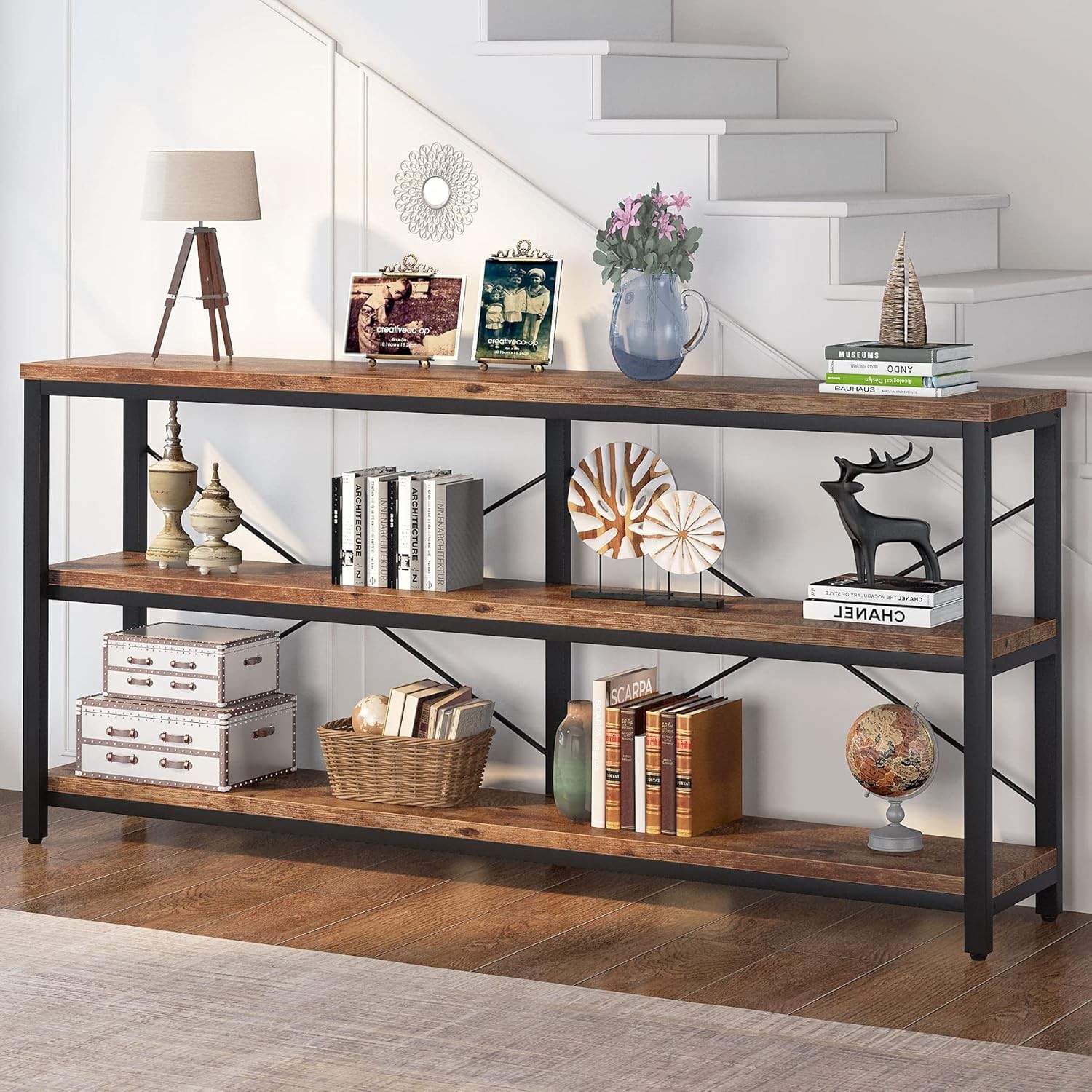 70.9" Extra Long Console Table, 3-Tier Industrial Sofa Table with Metal Frame