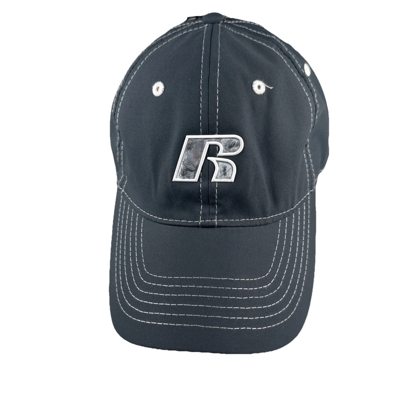 Russell R White Shiny on Gray Blue Hat Cap S/M Hook Loop NWT