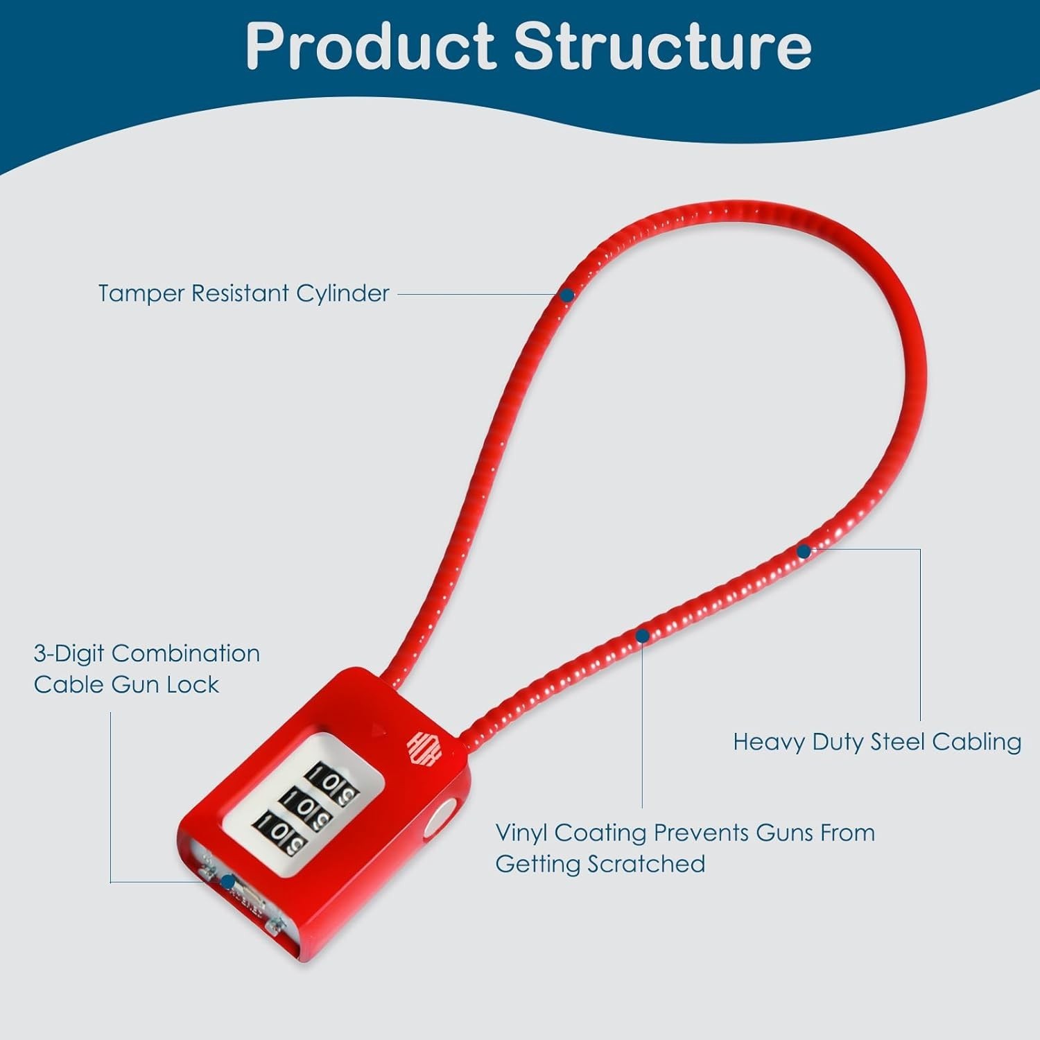 3-Digit Combination Gun Lock for Firearms, Home Safety Cable Lock