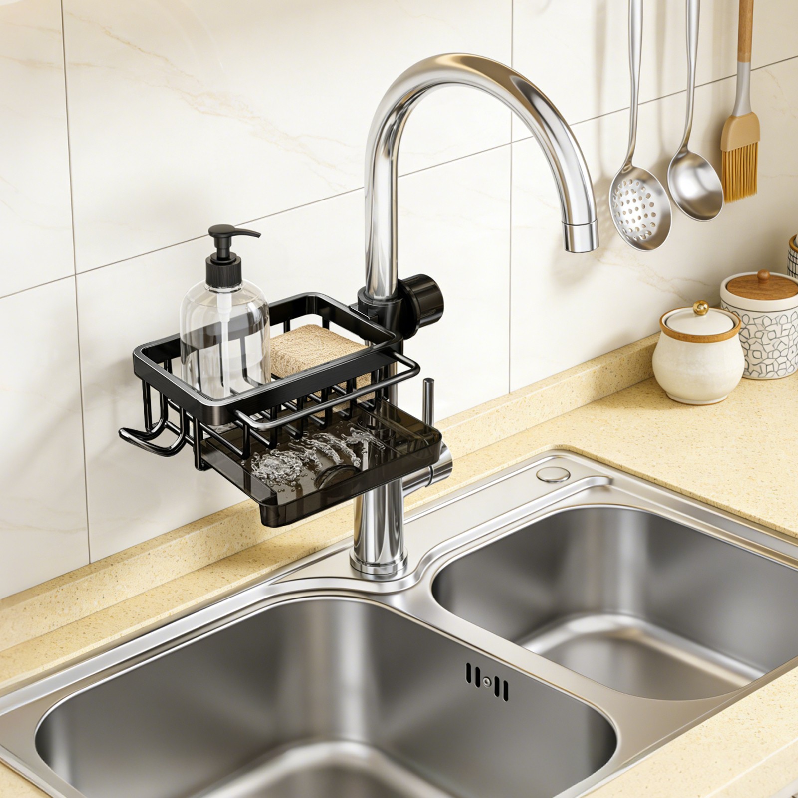 Sink Organizer Rack, Detachable Hanging Faucet Drain Rack with Drip Tray