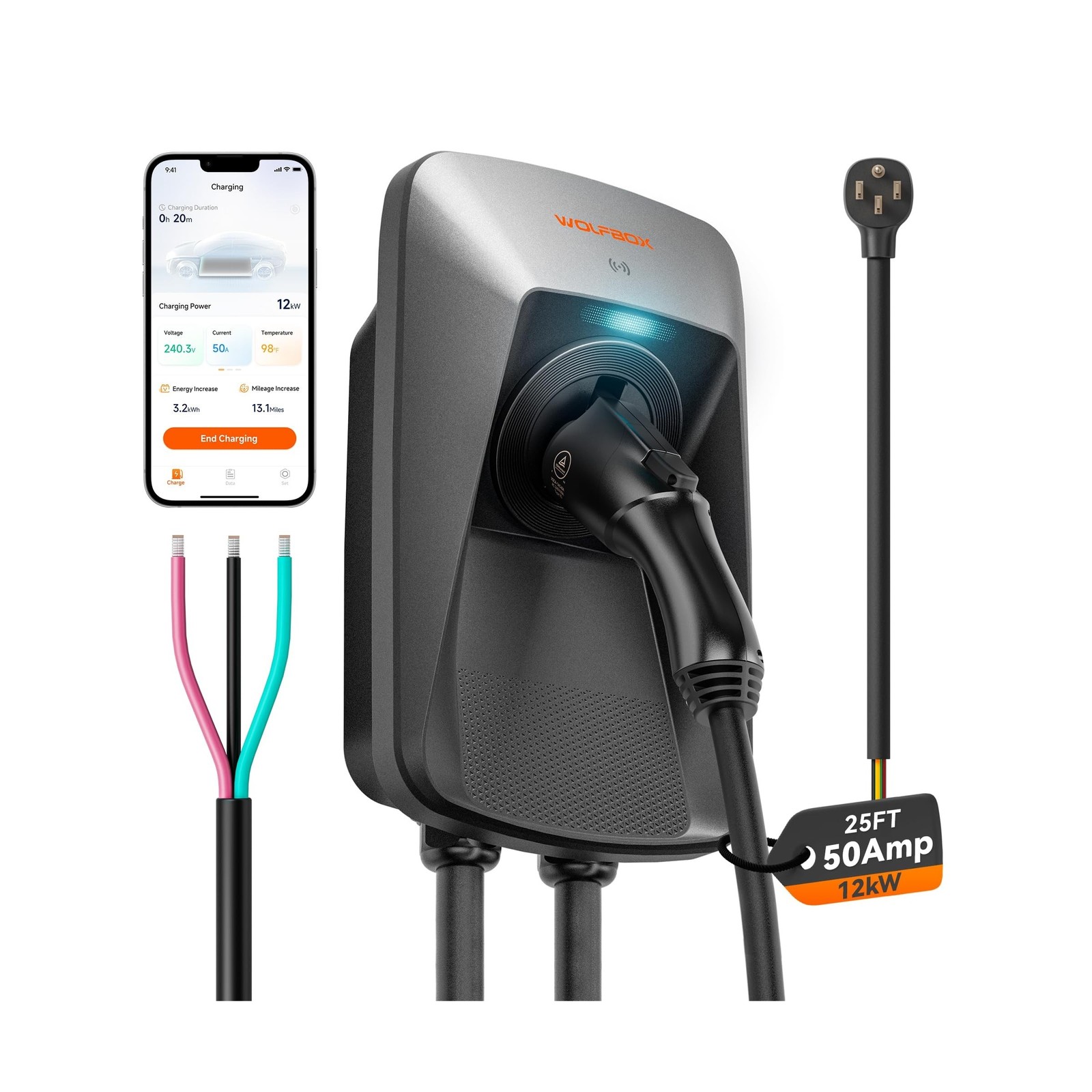 WOLFBOX Level 2 EV Charger 50 Amp J1772,Hardwired EV Charger Level 2 with NEM...