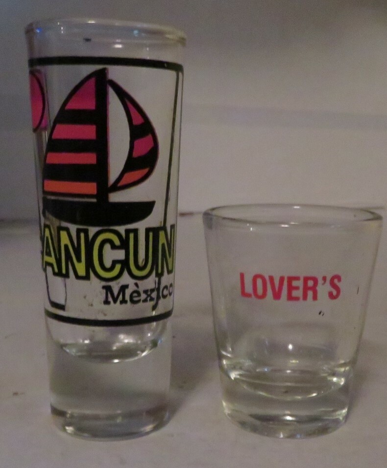 Two Shot Glass Glasses Liquor Cancun Mexico and Lovers Clear Glass Used Set Pair