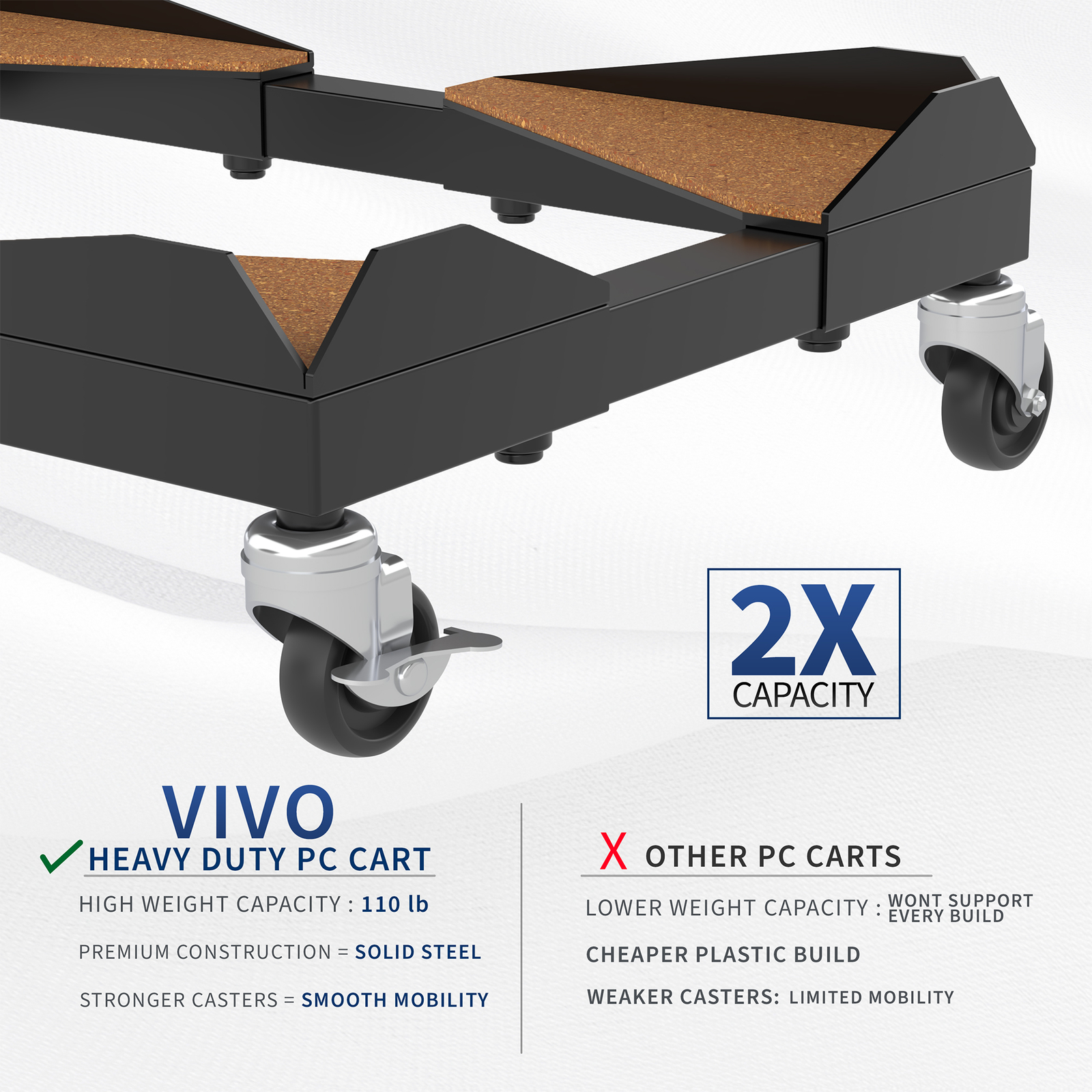 VIVO Black Premium Large PC Cart, CPU Rolling Stand, Adjustable Computer Trolley