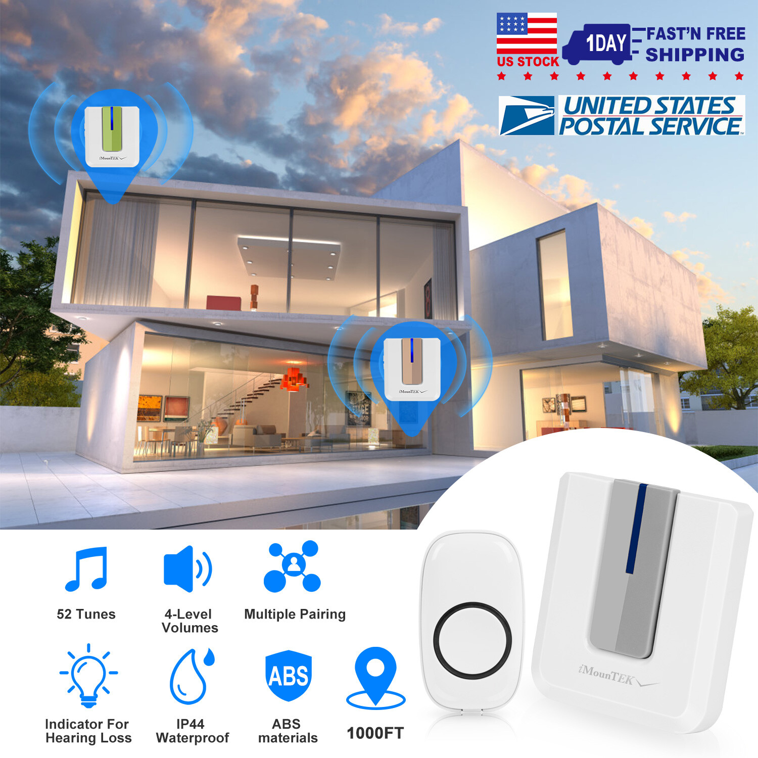 LED 4 Volume 1000FT Wireless Doorbell Chime [1 Plugin Receiver + 1 Transmitter]*