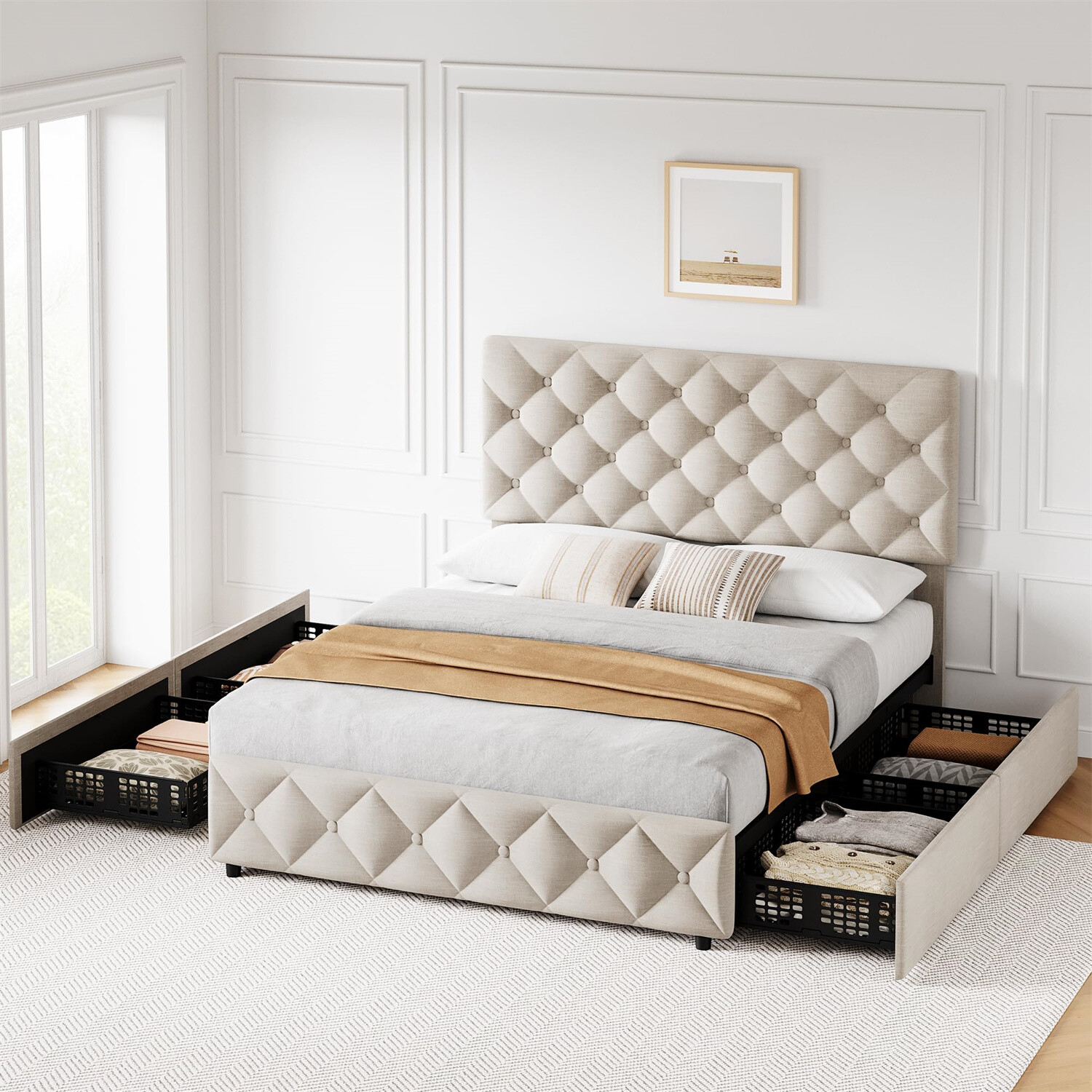 QUEEN Size Bed Frame with 4 Storage Drawers and Headboard Upholstered Platform