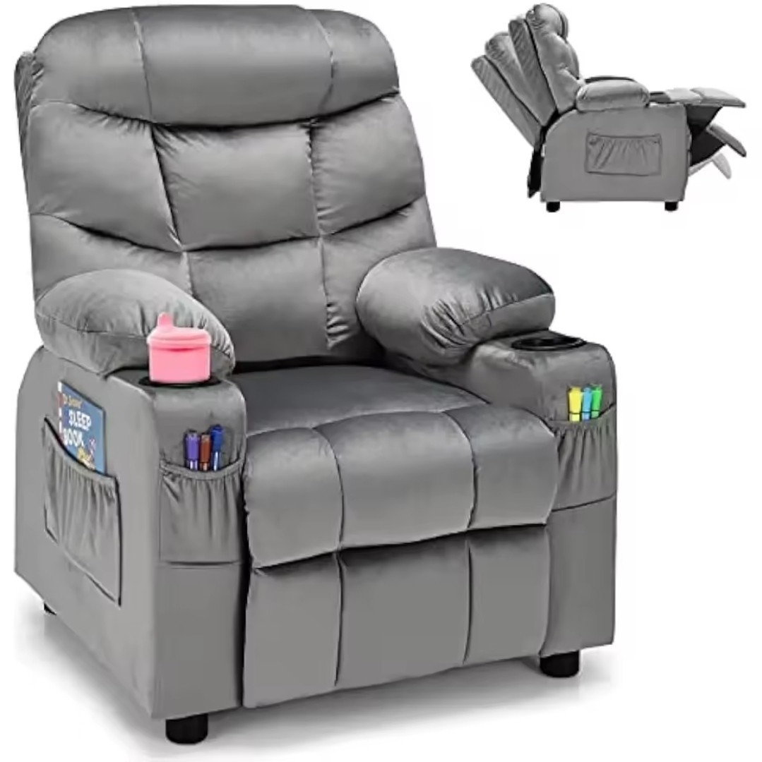 Kids Recliner Chair with Cup Holder, Adjustable Velvet Lounge Chair Footrest.
