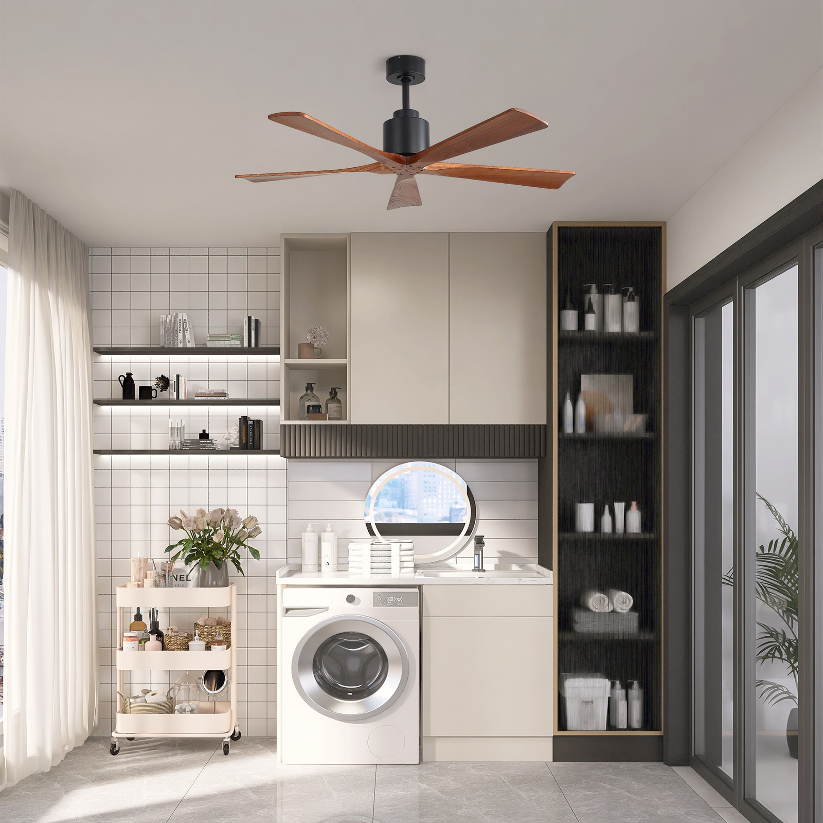 52"Matte Black Ceiling Fan without Light - Walnut Wood Blades, Remote Control