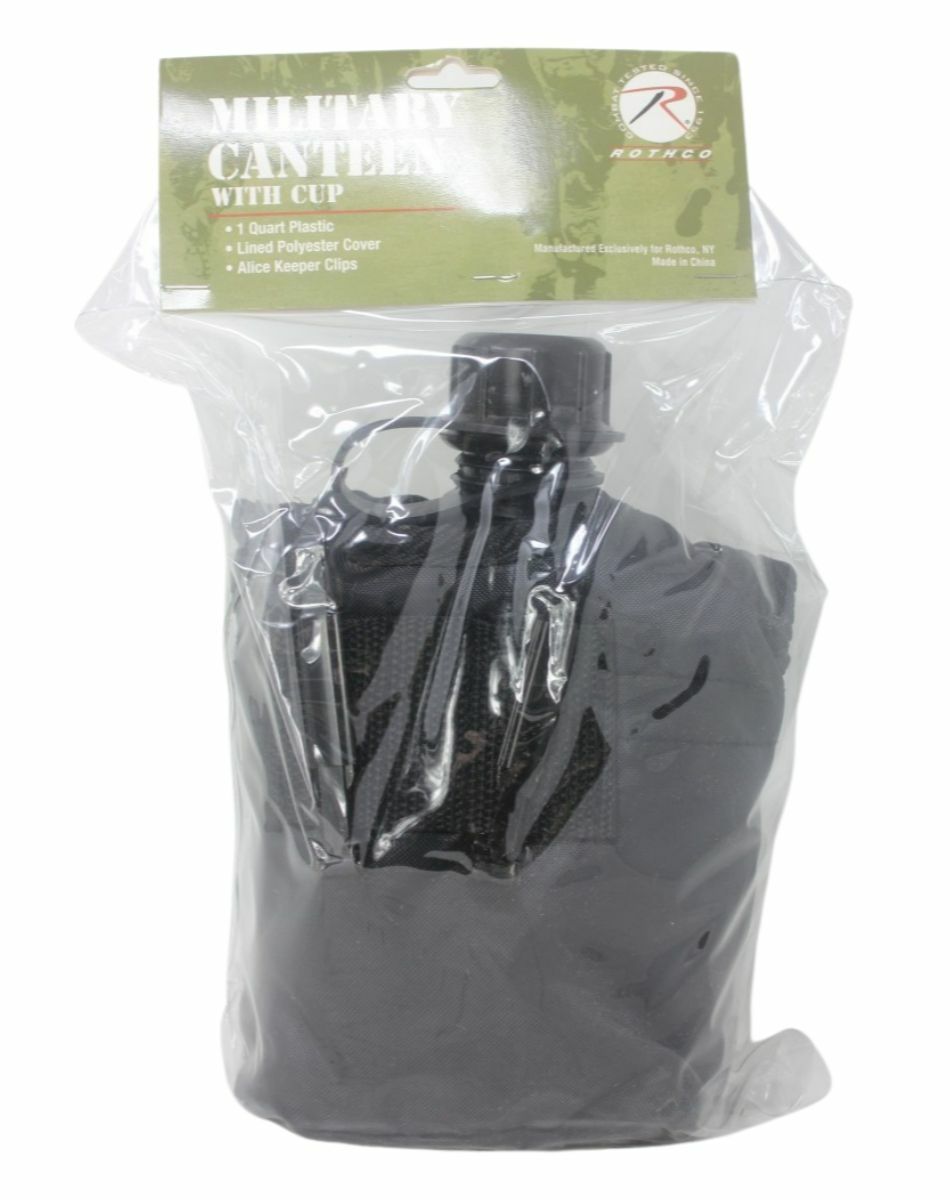 ROTHCO 1 QUART CANTEEN PLASTIC WITH LINED POLYESTER COVER - BLACK