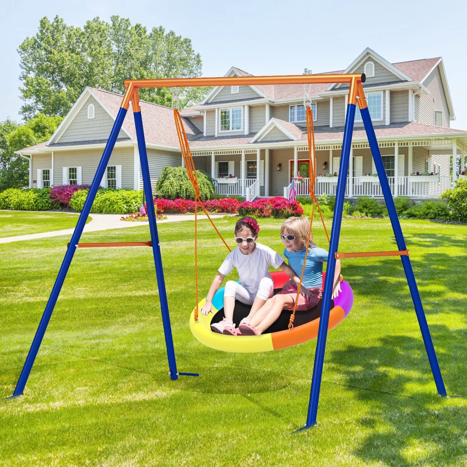Saucer Swing with Stand for Kids Outdoor Swing Set Heavy Duty Metal Frame