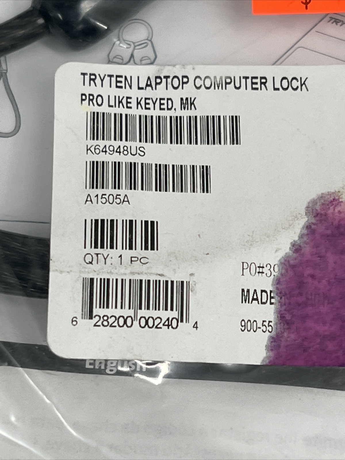 Tryten Laptop Lock Pro Keyed Alike Security Cable Lock Translucent Dark 6 Ft