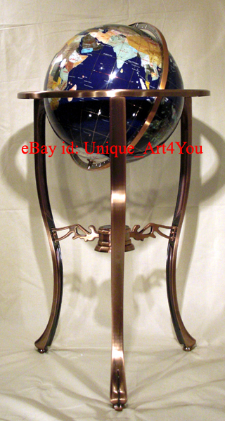 36" Tall Blue Lapis Gemstone World Globe with Tripod Copper Floor Stand w 50ST