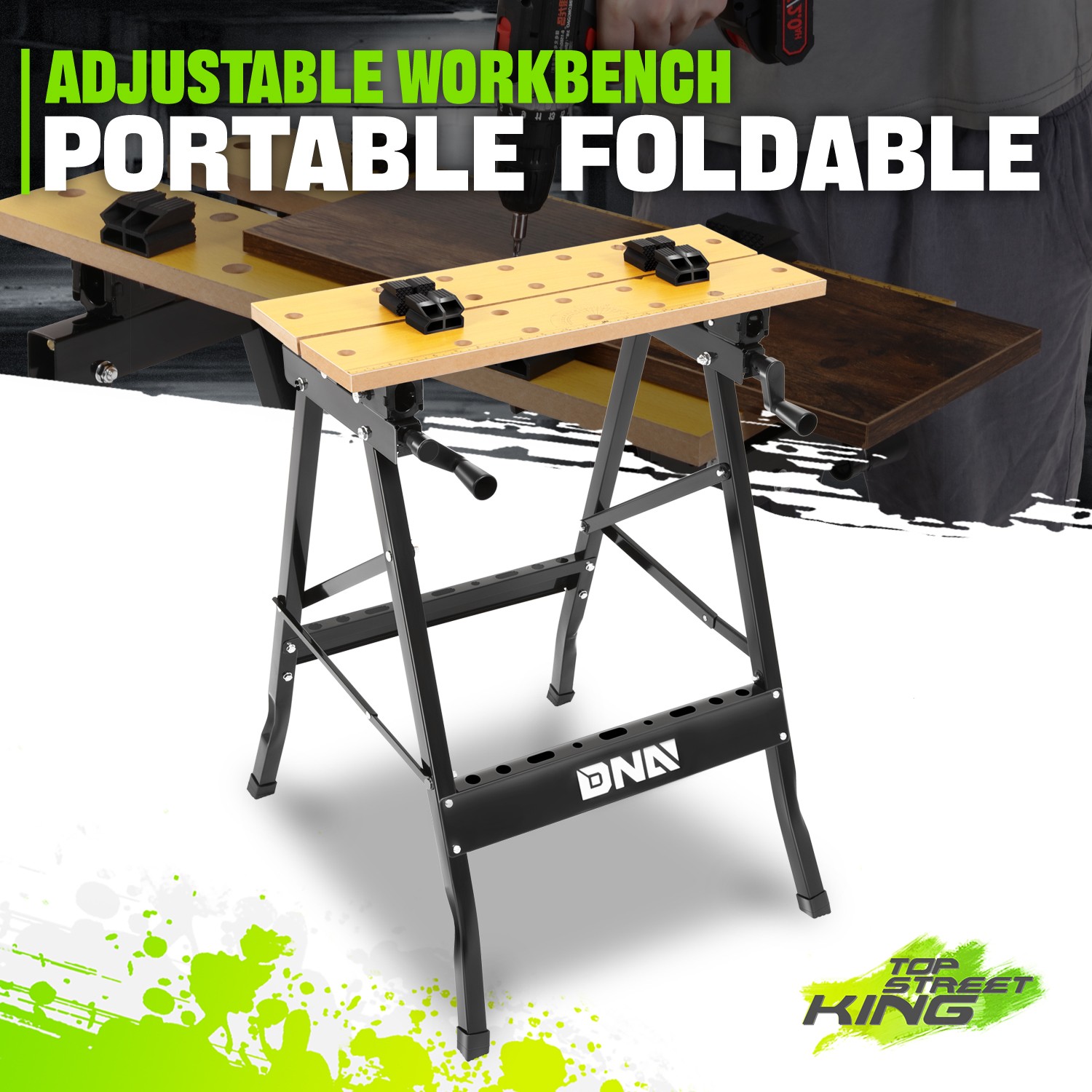 100 KG Portable Foldable 90-Degree Adjustable Work Bench Wood Top Yellow/Black