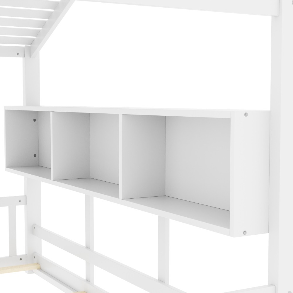 Twin/Full Size Floor House Bed Frame for Toddler with Storage Shelf, White/Grey
