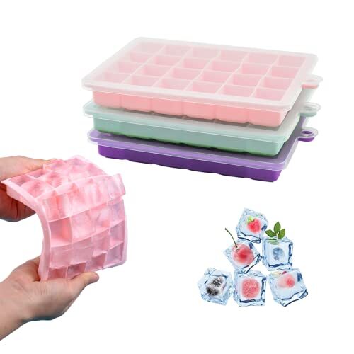 Ice Cube Tray, 3 Pack Silicone Ice Cube Molds, Pink, Light blue, Purple