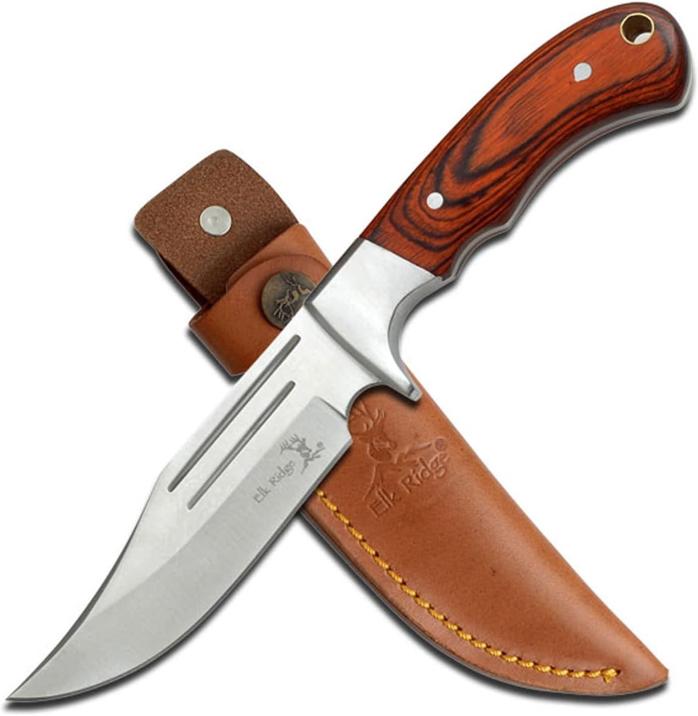 Elk Ridge Hunter Knife Clip Point Blade Brown Wood Handle + Leather Belt Sheath
