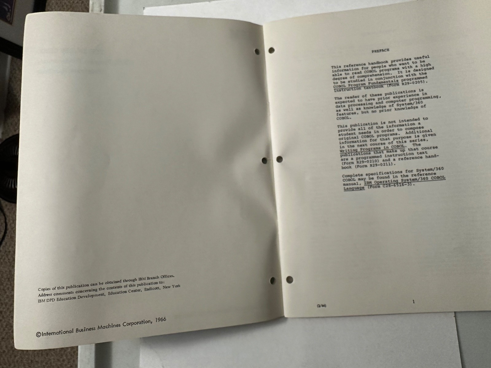 IBM System/360 COBOL Prog Fundamentals REF HANDBOOK Prog Instruc Course - 1966!