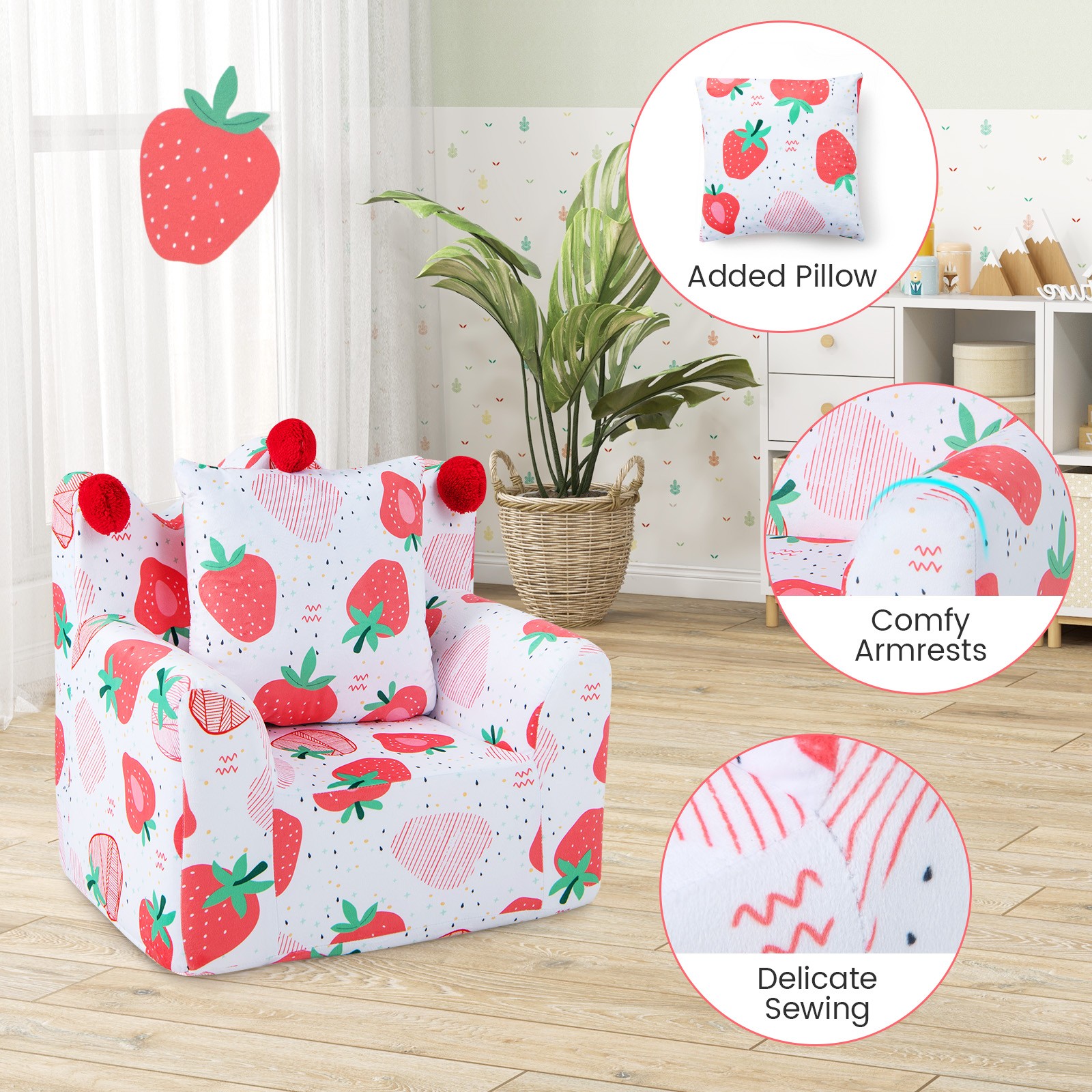 Kids Sofa Chair Foam Filled Armchair Strawberry Toddler Couch w/ Cover & Pillow