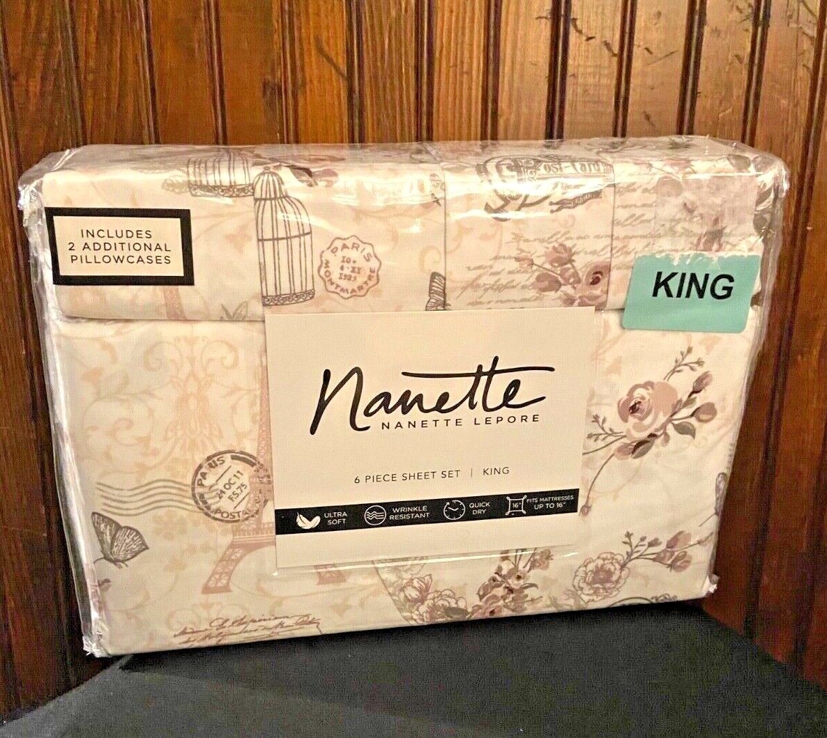 NANETTE LEPORE KING  6 PC SHEET SET EIFEL TOWER PINK FLORAL BUTTERFLIES NWT SOFT