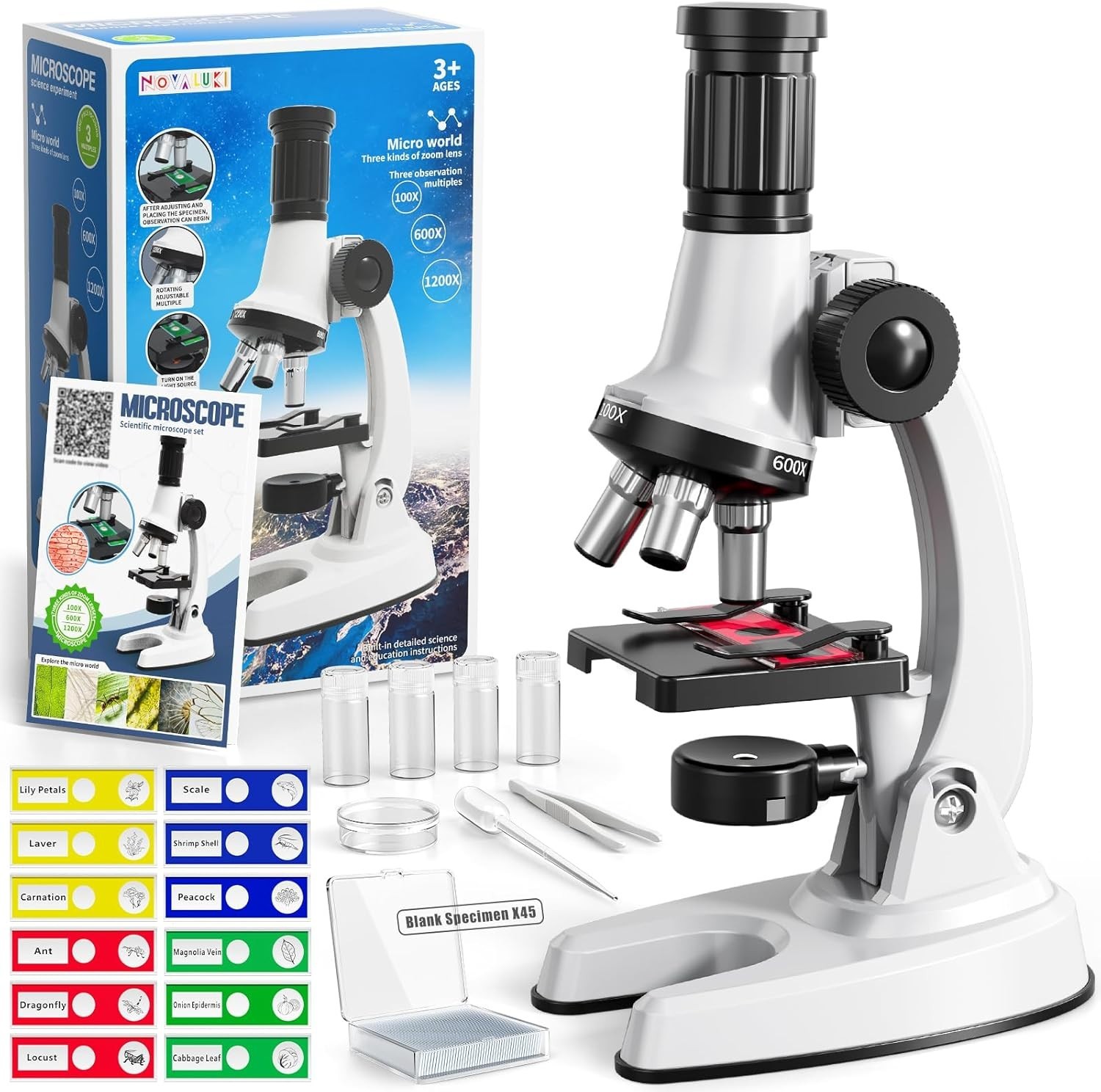 Novaluki Kids Microscope Kit 65 Piece 100X 1200X 12 Slides STEM