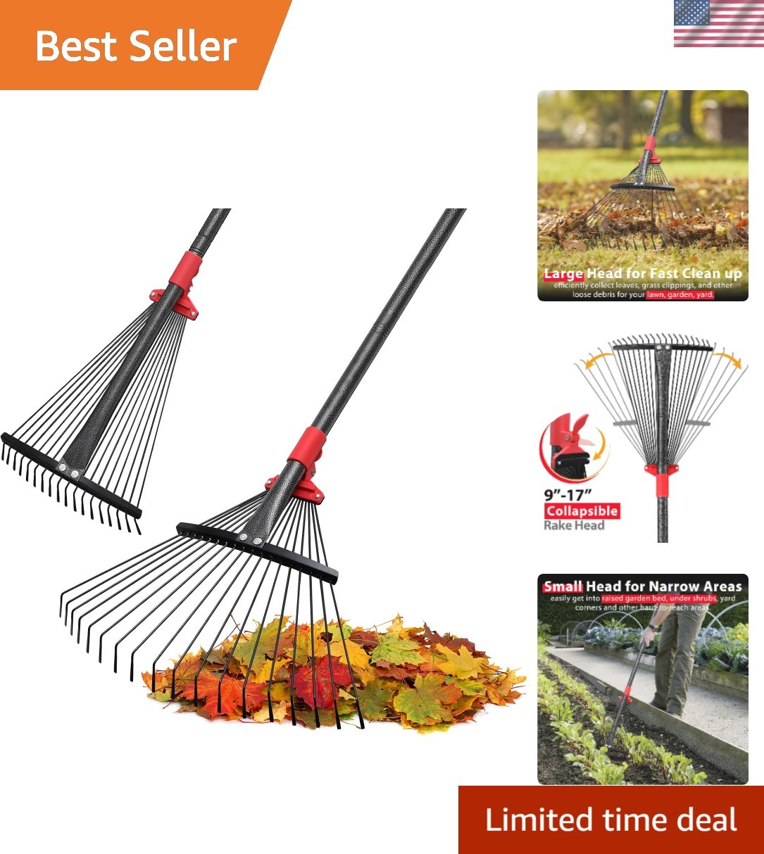 Rake, Adjustable Rakes for Leaves with 9”-17” Head, Rakes for Lawns Heavy Dut...