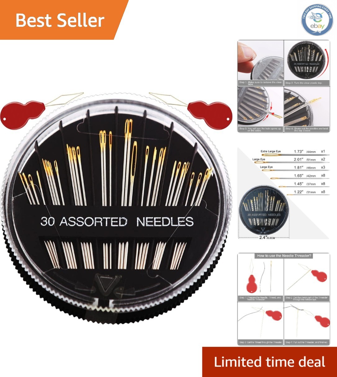 Compact Sewing Needles Set - 30/60  Needles with Threaders for Easy Use