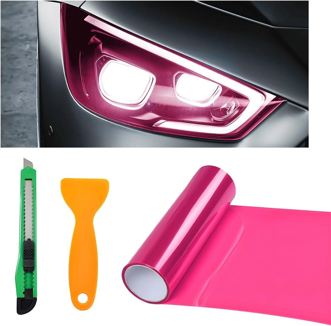Car Light Tint Film, 11.8" × 47.2" Self-Adhesive Auto Light Wrap F Color: Pink