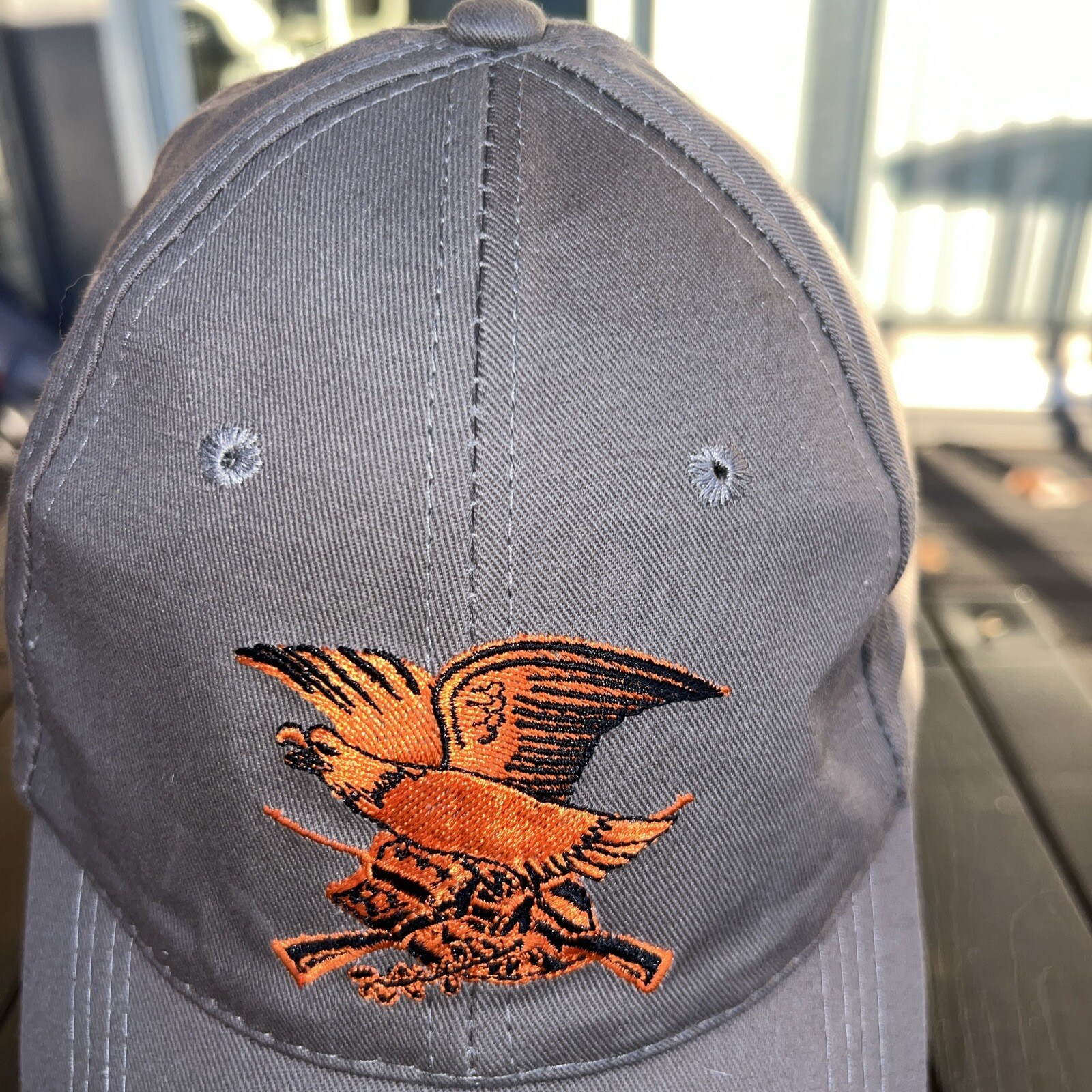 NRA Black on Back Front Orange Eagle on Taupe Hat Cap Cotton Hook Loop EUC