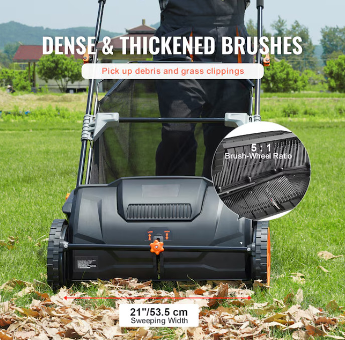 The VEVOR 21-inch push-type grass sweeper collects leaves and grass