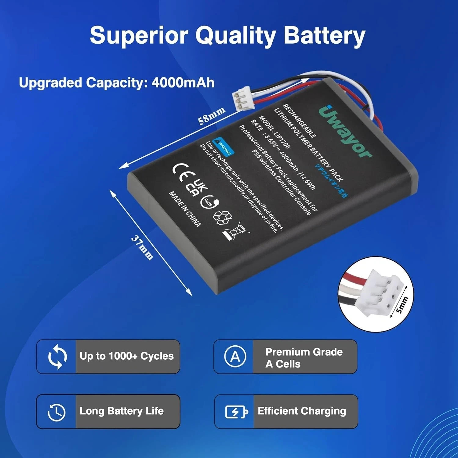 PS5 Controller Battery, 4000mAh LIP1708 PS5 Battery Replacement 2 Pack for Sony