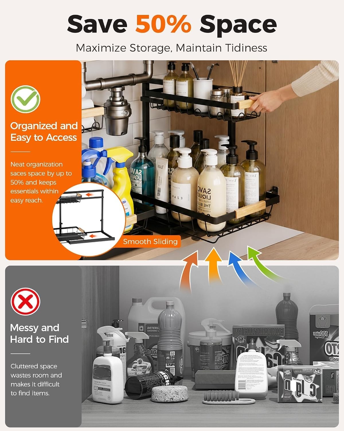 2-Pack 2-Tier Height Adjustable Under Sink Organizer & Storage | Multi-purpos...