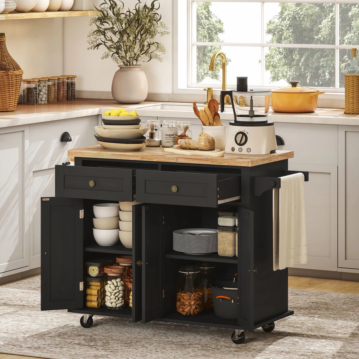 Kitchen Island Cart with Rubberwood Flip Top & Storage
